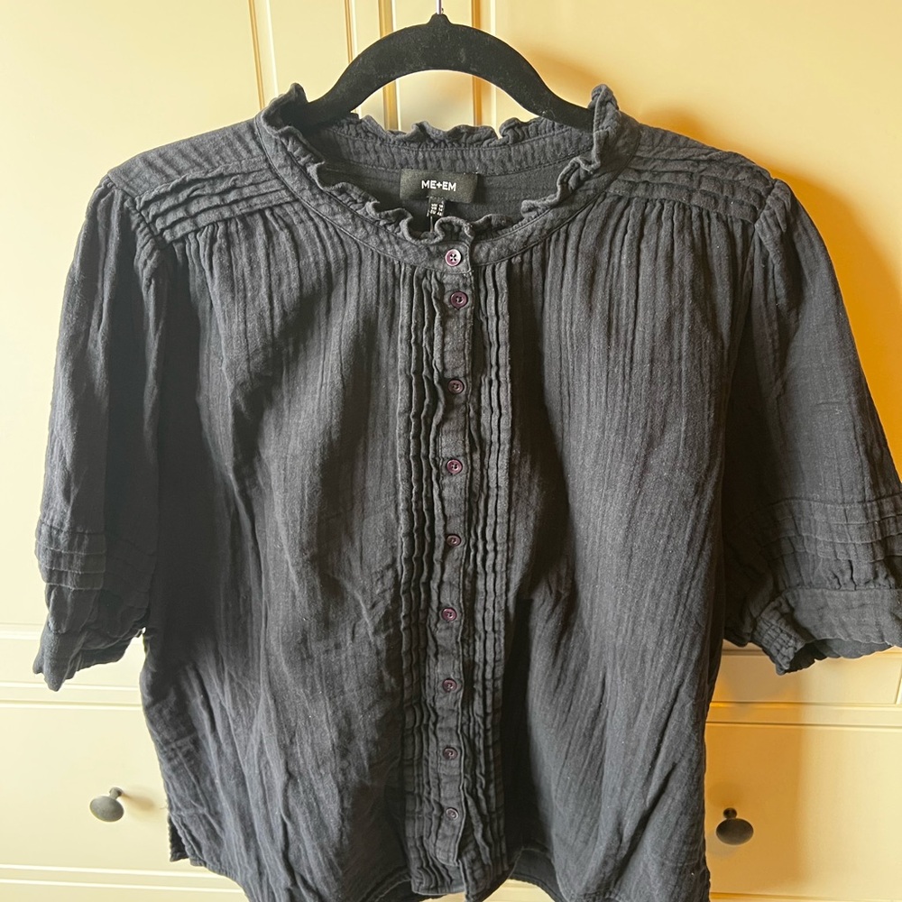 ME+EM Black Ruffle-Collar Pintuck Button-Front Blouse